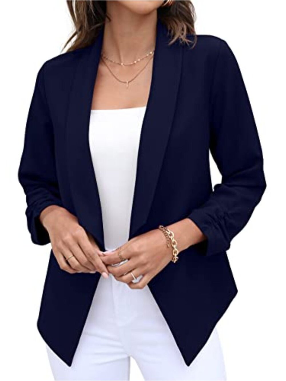 Womens Blazer Open Front Cardigan 3/4 Ruched Sleeve Cropped Work Jacket